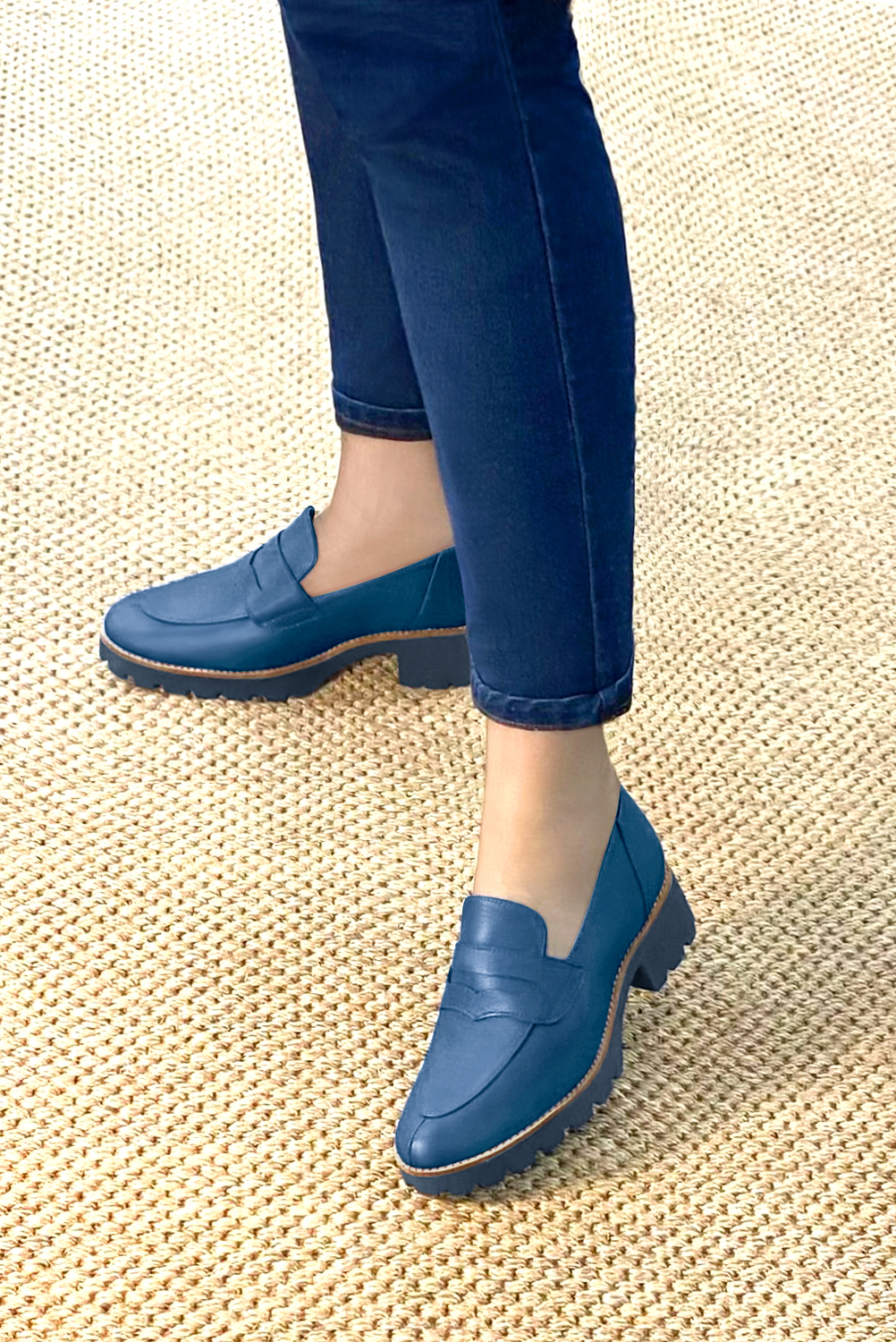 Denim blue women's casual loafers. Round toe. Low rubber soles. Worn view - Florence KOOIJMAN